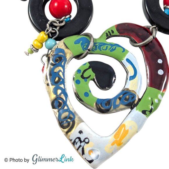Colorful Mixed Media Heart Pendant Statement Necklace Boho Artsy - Picture 6 of 12